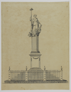 32458 Gezicht op het vrijheidsbeeld omgeven door een houten hek op de Neude te Utrecht, geplaatst ter gelegenheid van ...